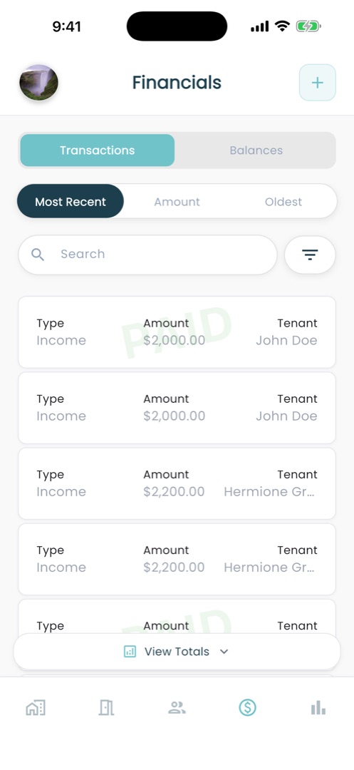 RentPro financials screen listing income transactions marked paid