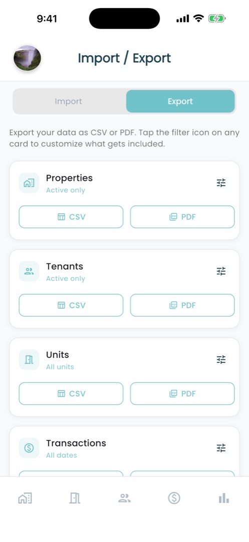 RentPro import and export screen offering CSV and PDF export for properties, tenants, units, and transactions