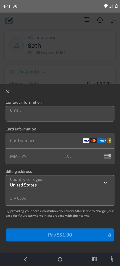 RentPro in-app payment screen with card, contact, and billing fields and a Pay 51.90 dollar button