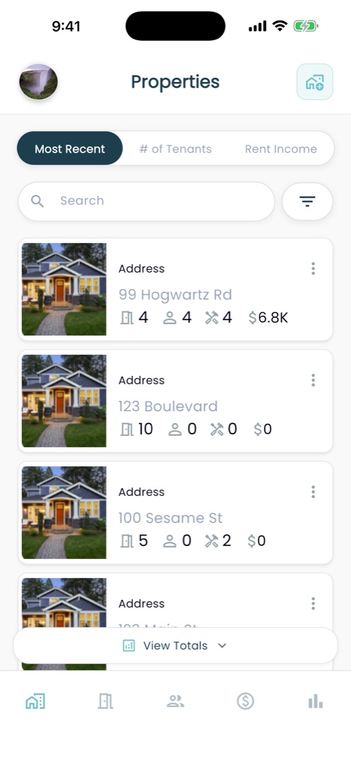 RentPro properties list with photos, addresses, and per-property unit, tenant, work-order, and rent figures