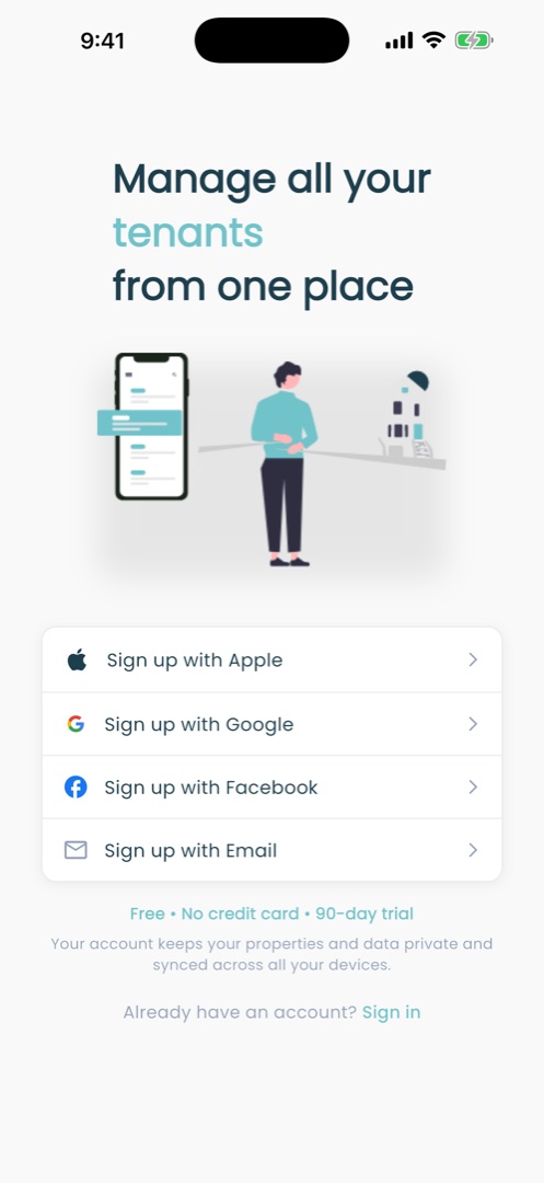 RentPro sign-up screen with Apple, Google, Facebook, and email sign-up options