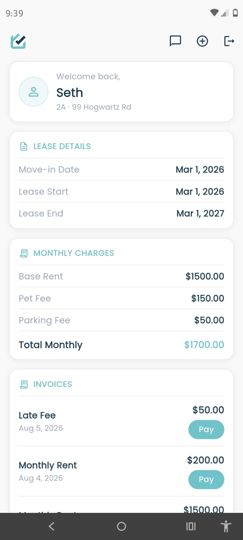 RentPro tenant portal home showing a tenant's lease details, monthly charges totaling 1,700 dollars, and invoices with Pay buttons