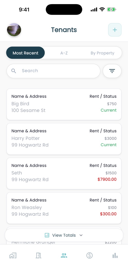 RentPro tenants list showing each tenant's rent amount and current or overdue status